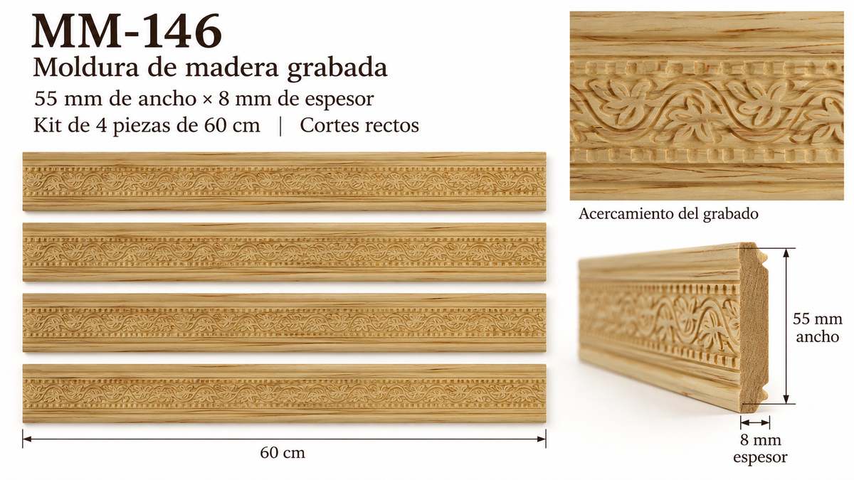 Moldura de madera grabada para mueble MM-146 – Kit de 4 piezas
