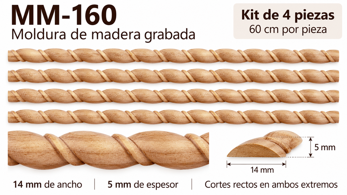 Kit 8 Molduras Media Caña Grabadas MM-160 de Madera | 55 cm c/u | Pino Natural