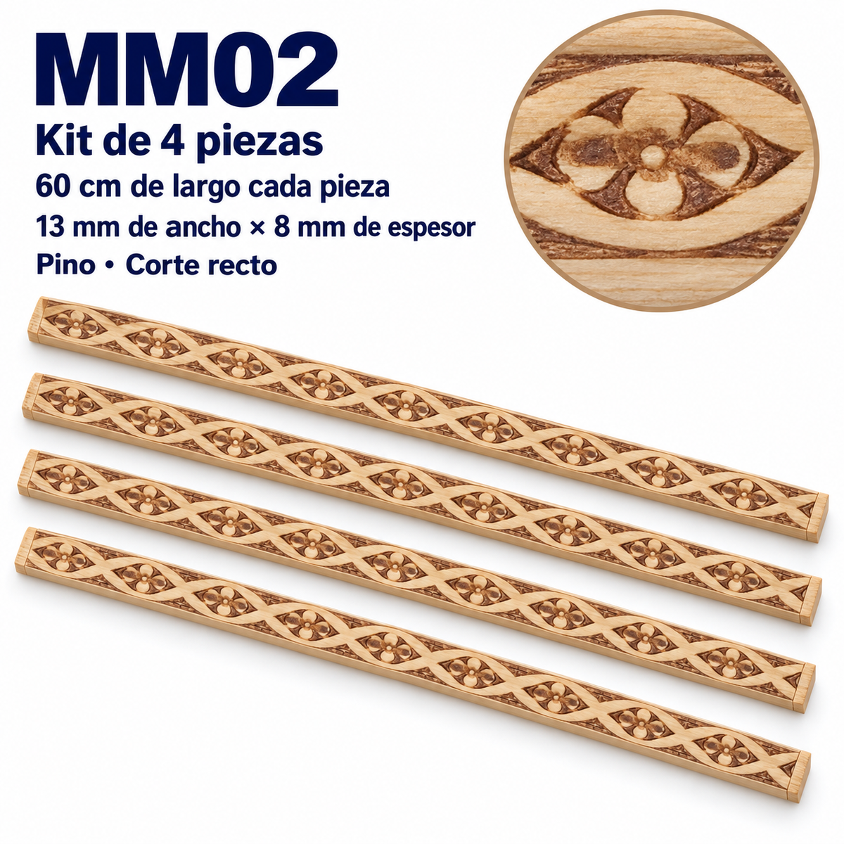 Moldura de madera grabada para mueble MM-02 – Kit de 4 piezas