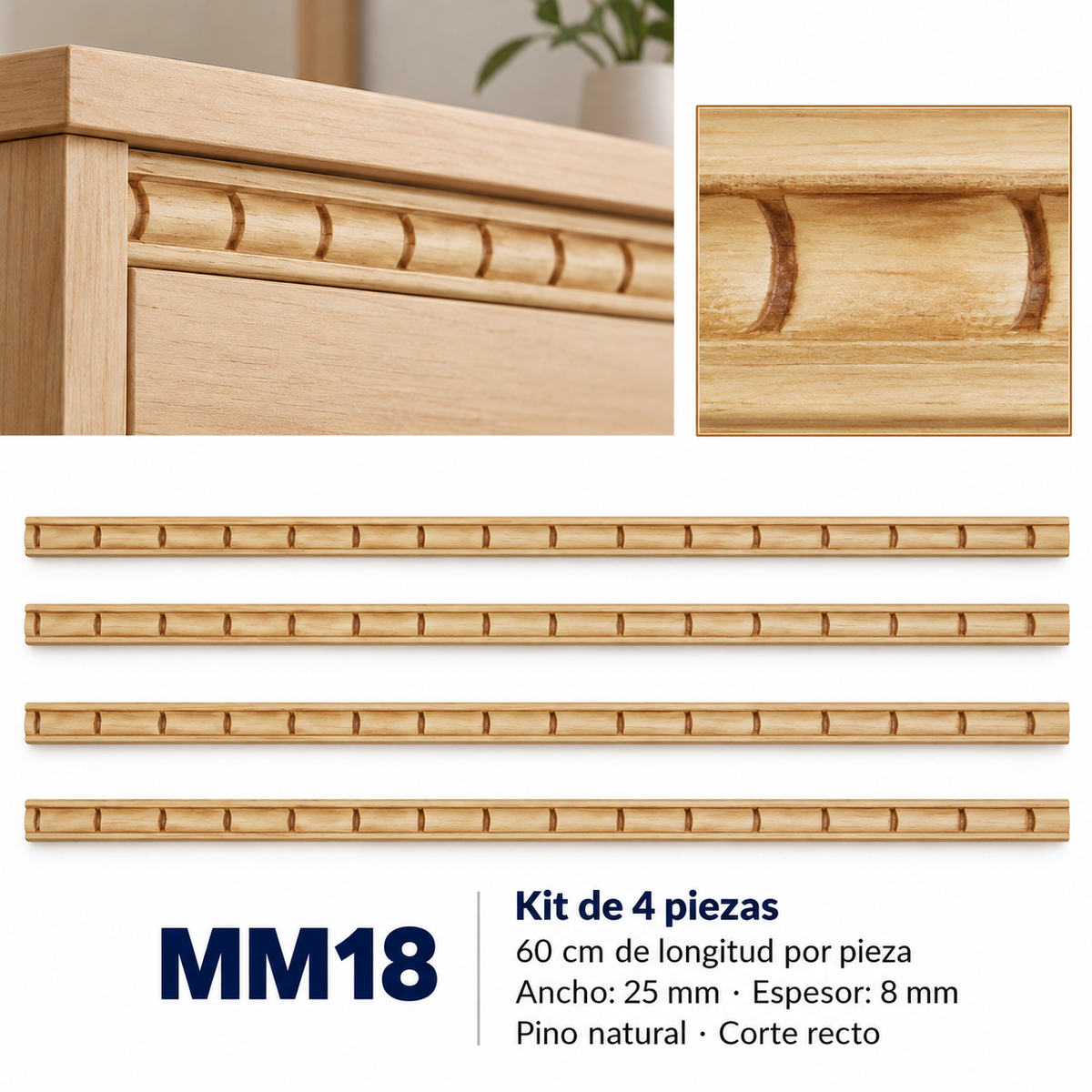 Moldura de madera grabada para mueble MM-18 – Kit de 4 piezas