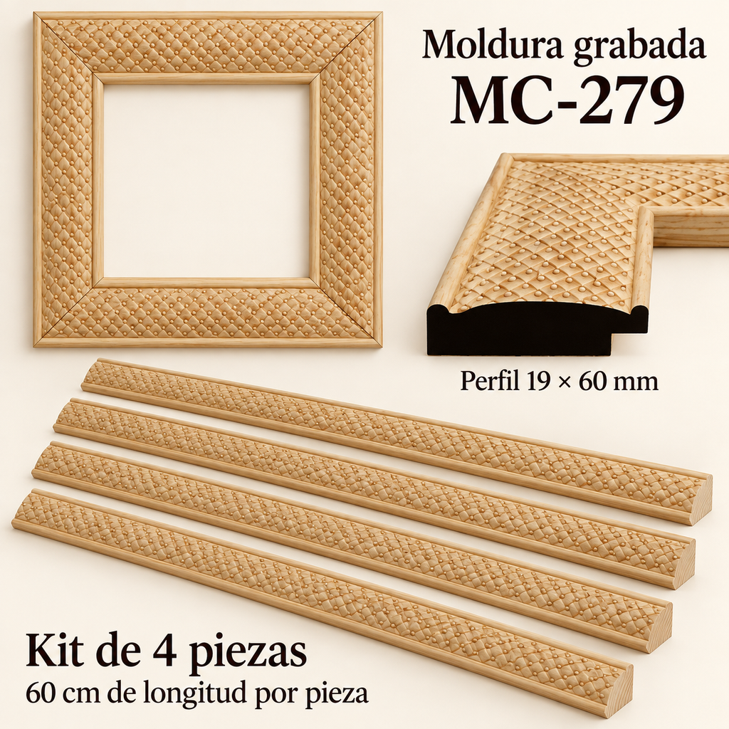 Moldura de madera grabada para marco MC279 – Kit de 4 piezas