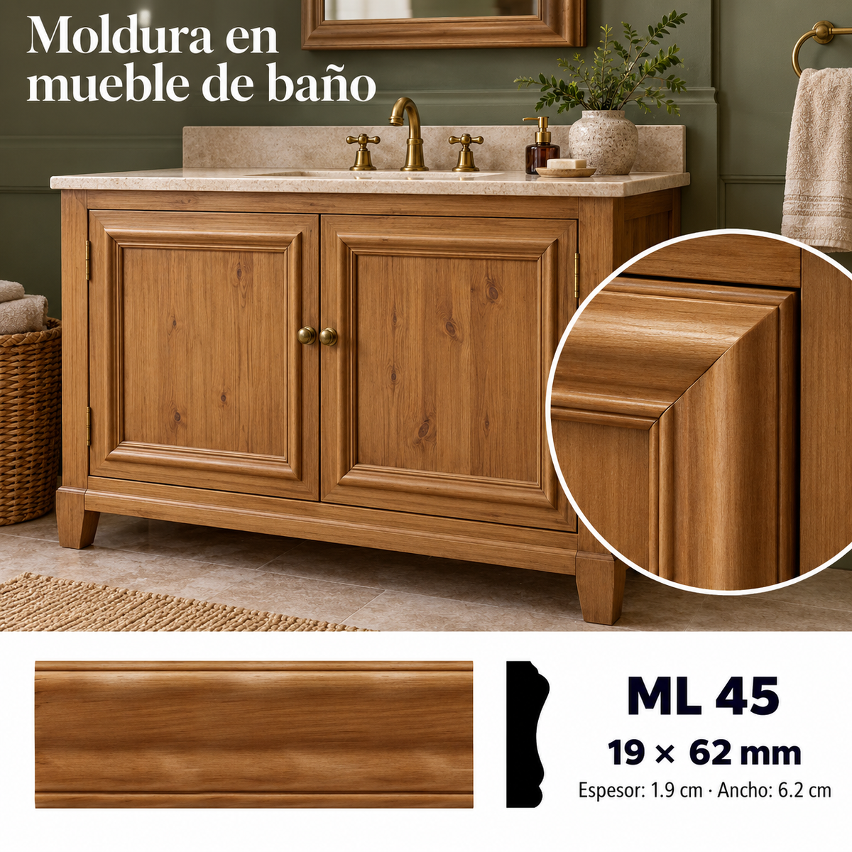 Moldura de madera lisa para mueble ML-45 – Kit de 4 Piezas