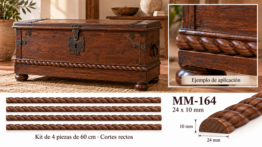 Kit 8 Molduras Media Caña Grabadas MM-164 de Madera | 55 cm c/u | Pino Natural