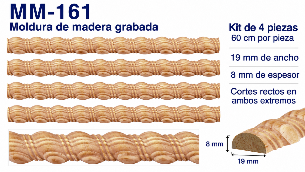 Kit 8 Molduras Media Caña Grabadas MM-161 de Madera | 55 cm c/u | Pino Natural