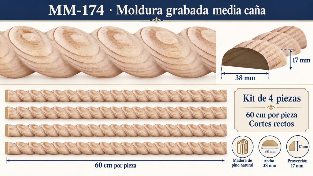Kit 8 Molduras Media Caña Grabadas MM-174 de Madera | 55 cm c/u | Pino Natural