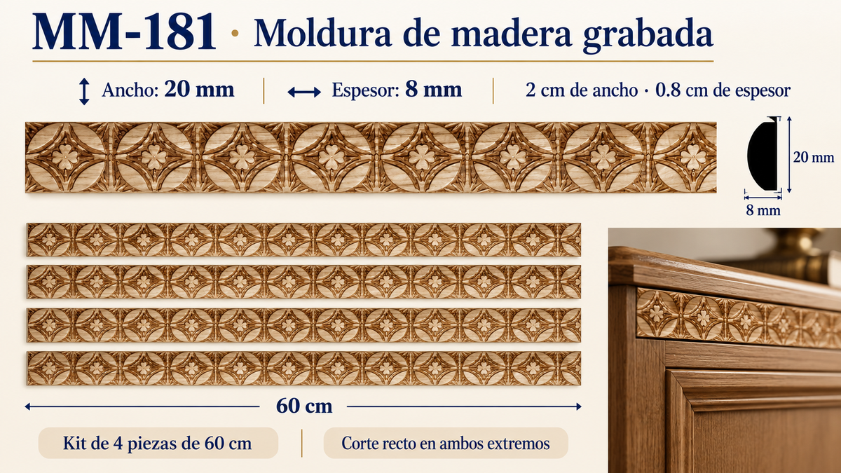 Moldura de madera grabada para mueble MM-181 – Kit de 4 Piezas