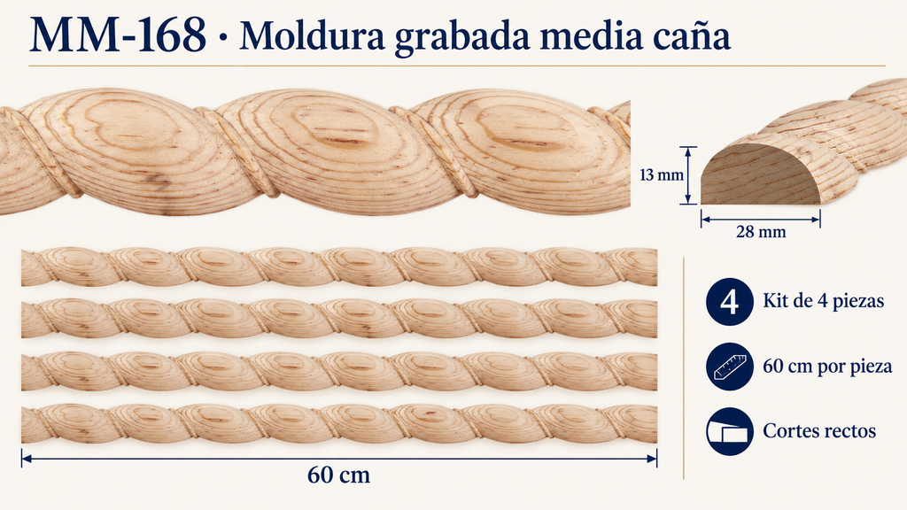 Kit 8 Molduras Media Caña Grabadas MM-168 de Madera | 55 cm c/u | Pino Natural
