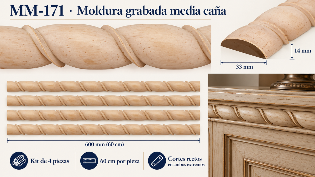 Kit 8 Molduras Media Caña Grabadas MM-171 de Madera | 55 cm c/u | Pino Natural