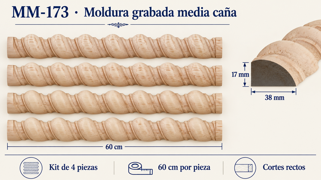 Kit 8 Molduras Media Caña Grabadas MM-173 de Madera | 55 cm c/u | Pino Natural