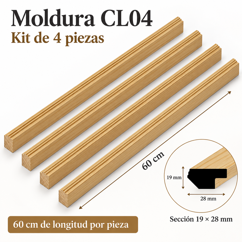 Moldura de madera lisa para marco CL04 – Kit de 4 piezas