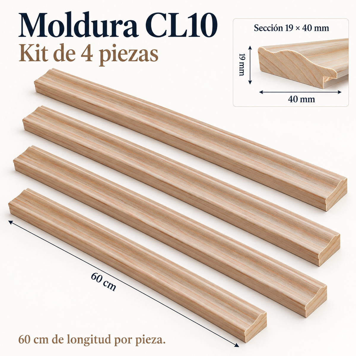 Moldura de madera lisa para marco CL10 – Kit de 4 piezas