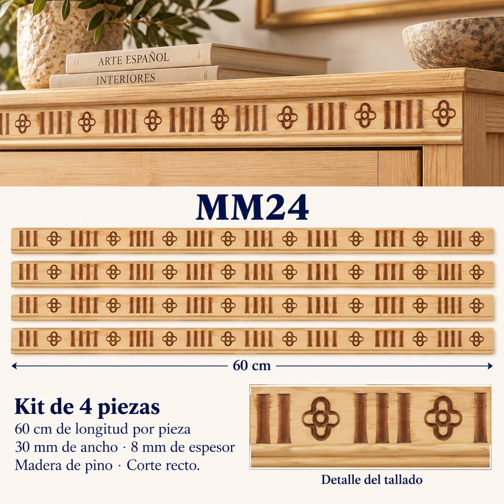 Moldura de madera grabada para mueble MM-24 – Kit de 4 piezas