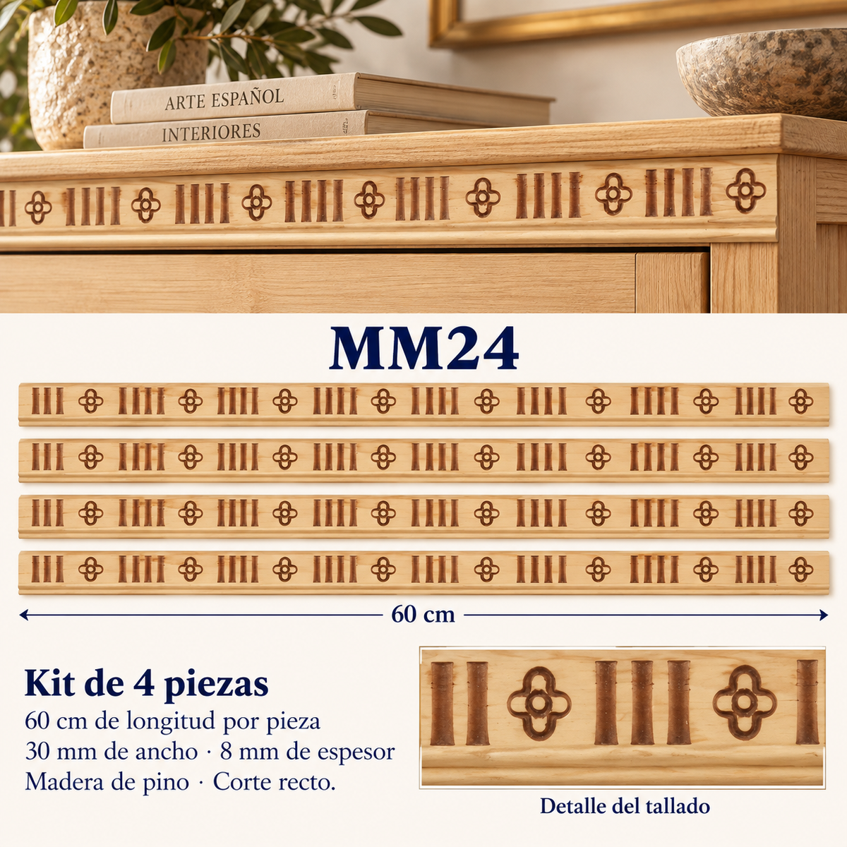 Moldura de madera grabada para mueble MM-24 – Kit de 4 piezas