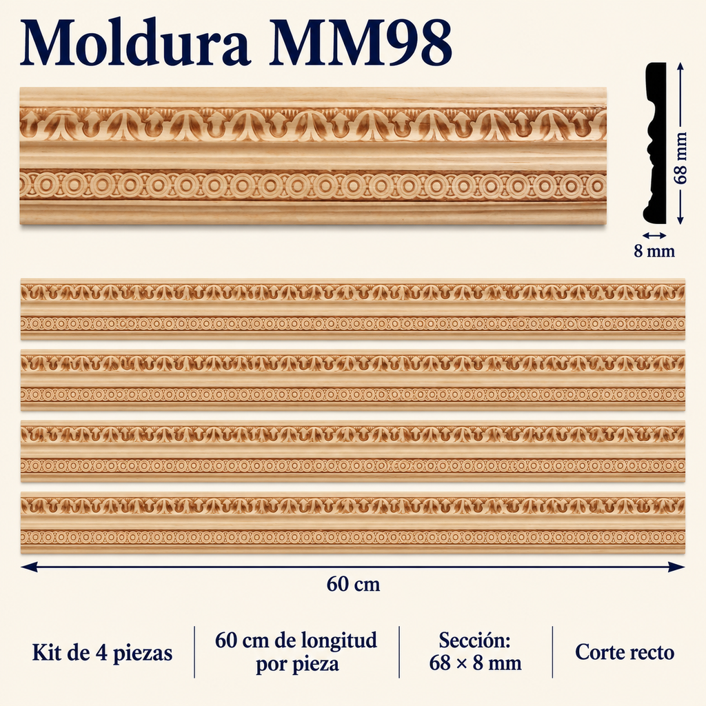 Moldura de madera grabada para mueble MM-98 –Kit de 4 piezas
