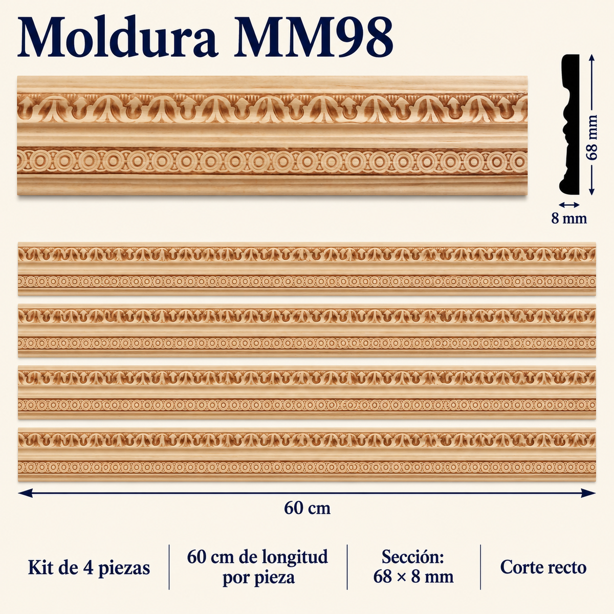 Moldura de madera grabada para mueble MM-98 –Kit de 4 piezas