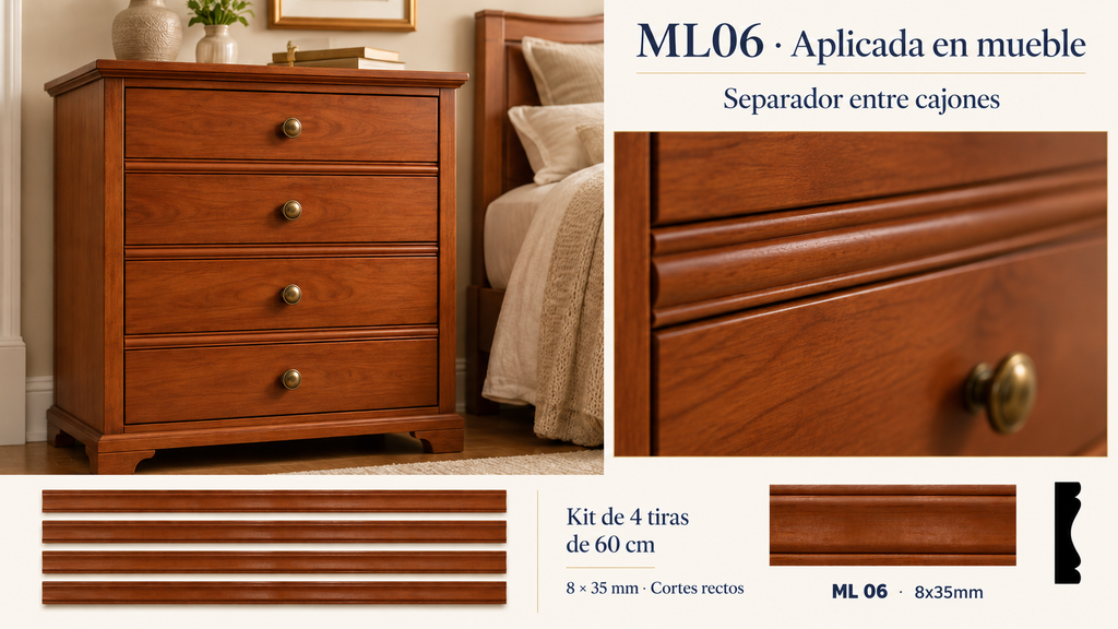 Moldura de madera lisa para mueble ML-06 – Kit de 4 Piezas TIPO SEPARADORA