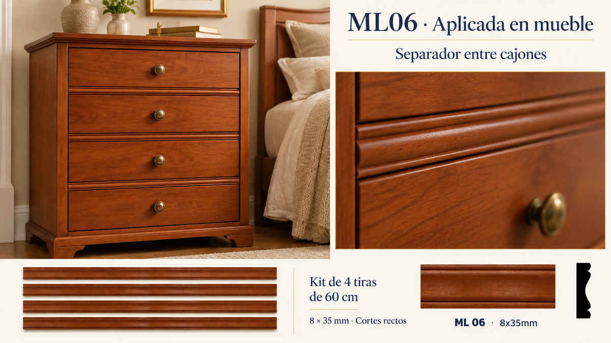 Moldura de madera lisa para mueble ML-06 – Kit de 4 Piezas TIPO SEPARADORA