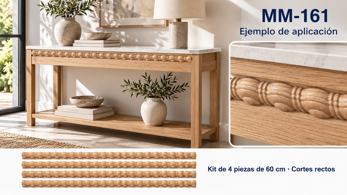 Kit 8 Molduras Media Caña Grabadas MM-161 de Madera | 55 cm c/u | Pino Natural