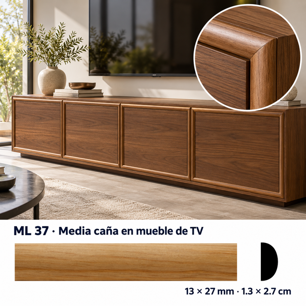 Moldura de madera lisa para mueble ML-37 – Kit de 4 Piezas TIPO MEDIA CAÑA