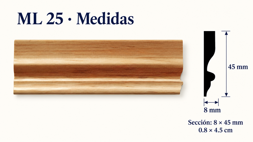 Moldura de madera lisa para mueble ML-25 – Kit de 4 Piezas TIPO ZOCLO