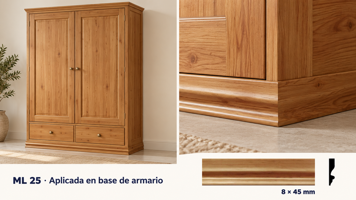 Moldura de madera lisa para mueble ML-25 – Kit de 4 Piezas TIPO ZOCLO