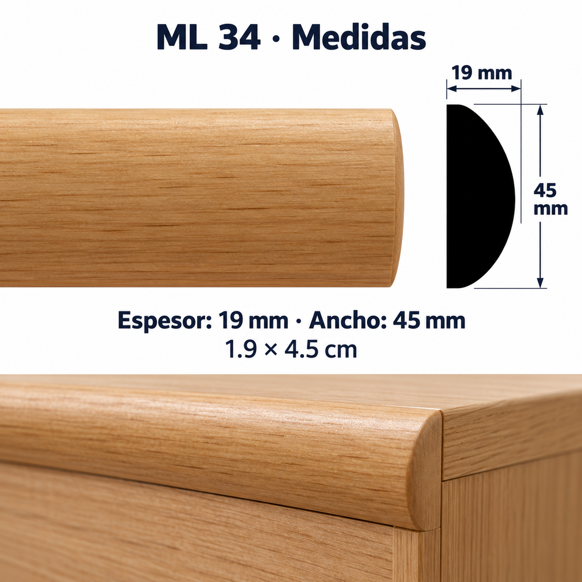 Moldura de madera lisa para mueble ML-34 – Kit de 4 Piezas TIPO MEDIA CAÑA