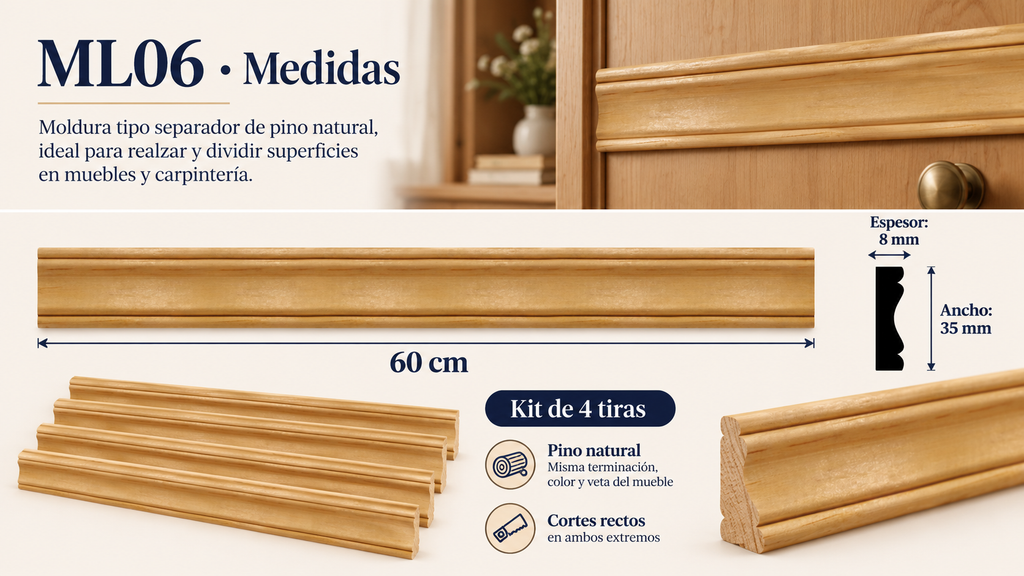Moldura de madera lisa para mueble ML-06 – Kit de 4 Piezas TIPO SEPARADORA
