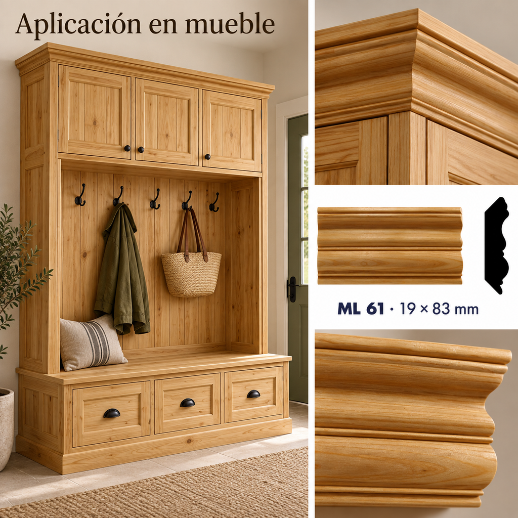 Moldura de madera lisa para mueble ML-61 – Kit de 4 Piezas CORNISA