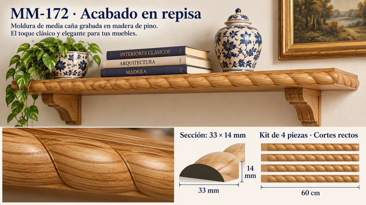 Kit 8 Molduras Media Caña Grabadas MM-172 de Madera | 55 cm c/u | Pino Natural