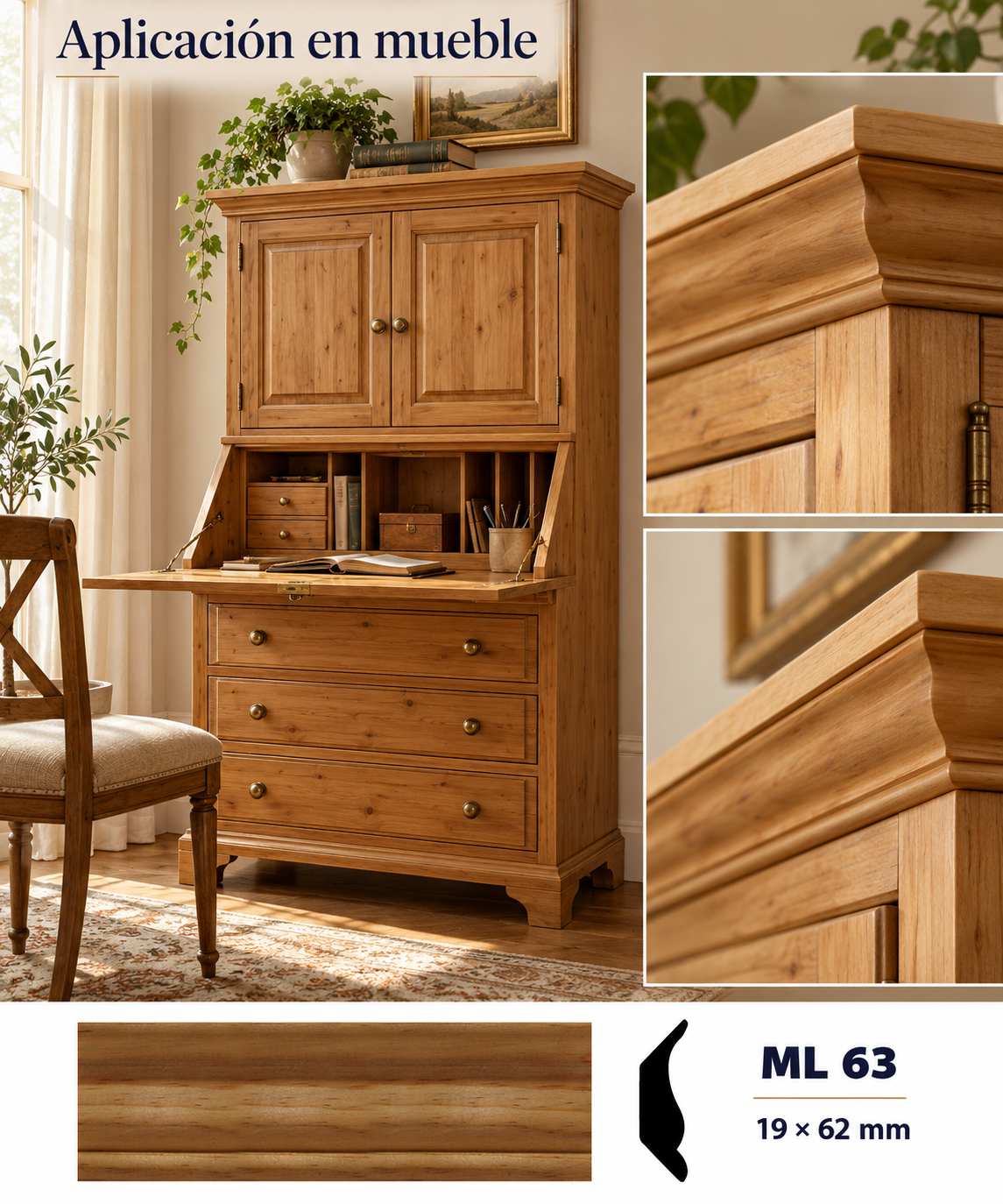 Moldura de madera lisa para mueble ML-63 – Kit de 4 Piezas CORNISA