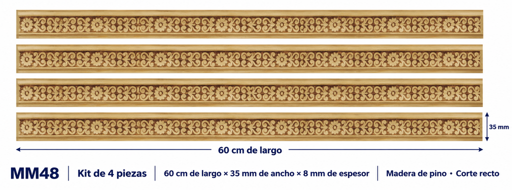 Moldura de madera grabada para mueble MM-48 – Kit de 4 piezas