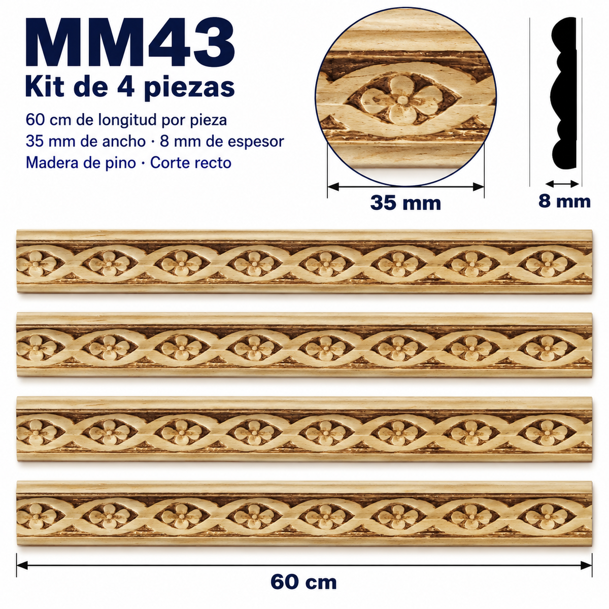 Moldura de madera grabada para mueble MM-42 – Kit de 4 piezas