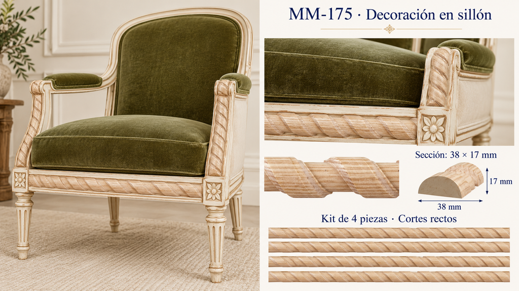 Kit 8 Molduras Media Caña Grabadas MM-175 de Madera | 55 cm c/u | Pino Natural