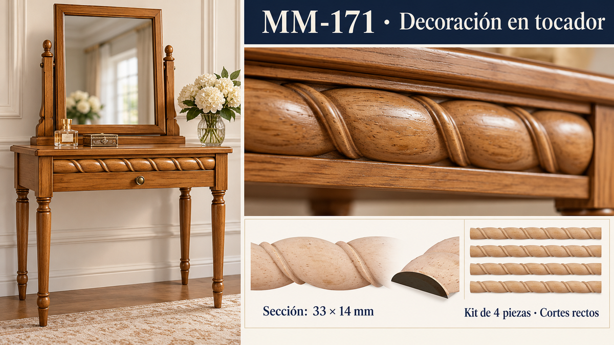 Kit 8 Molduras Media Caña Grabadas MM-171 de Madera | 55 cm c/u | Pino Natural