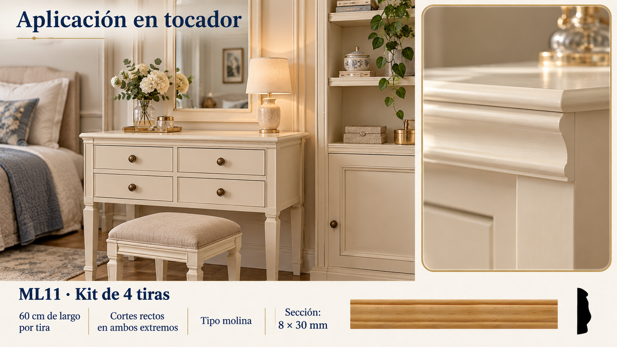 Moldura de madera lisa para mueble ML-11– Kit de 4 Piezas TIPO MOLINA