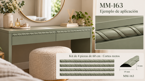 Kit 8 Molduras Media Caña Grabadas MM-163 de Madera | 55 cm c/u | Pino Natural