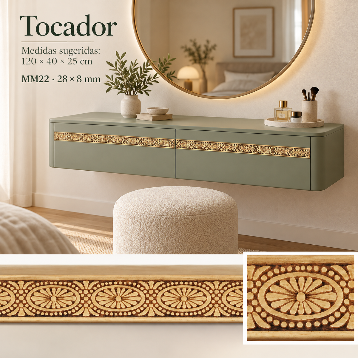 Moldura de madera grabada para mueble MM-22 – Kit de 4 piezas