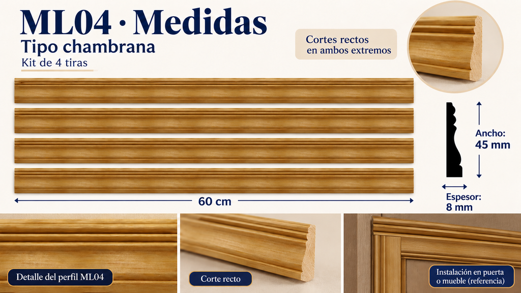 Moldura de madera lisa para mueble ML-04 – Kit de 4 Piezas TIPO CHAMBRANA