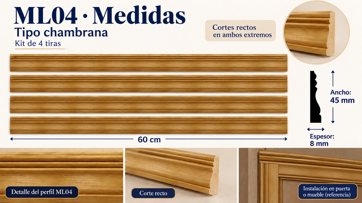 Moldura de madera lisa para mueble ML-04 – Kit de 4 Piezas TIPO CHAMBRANA