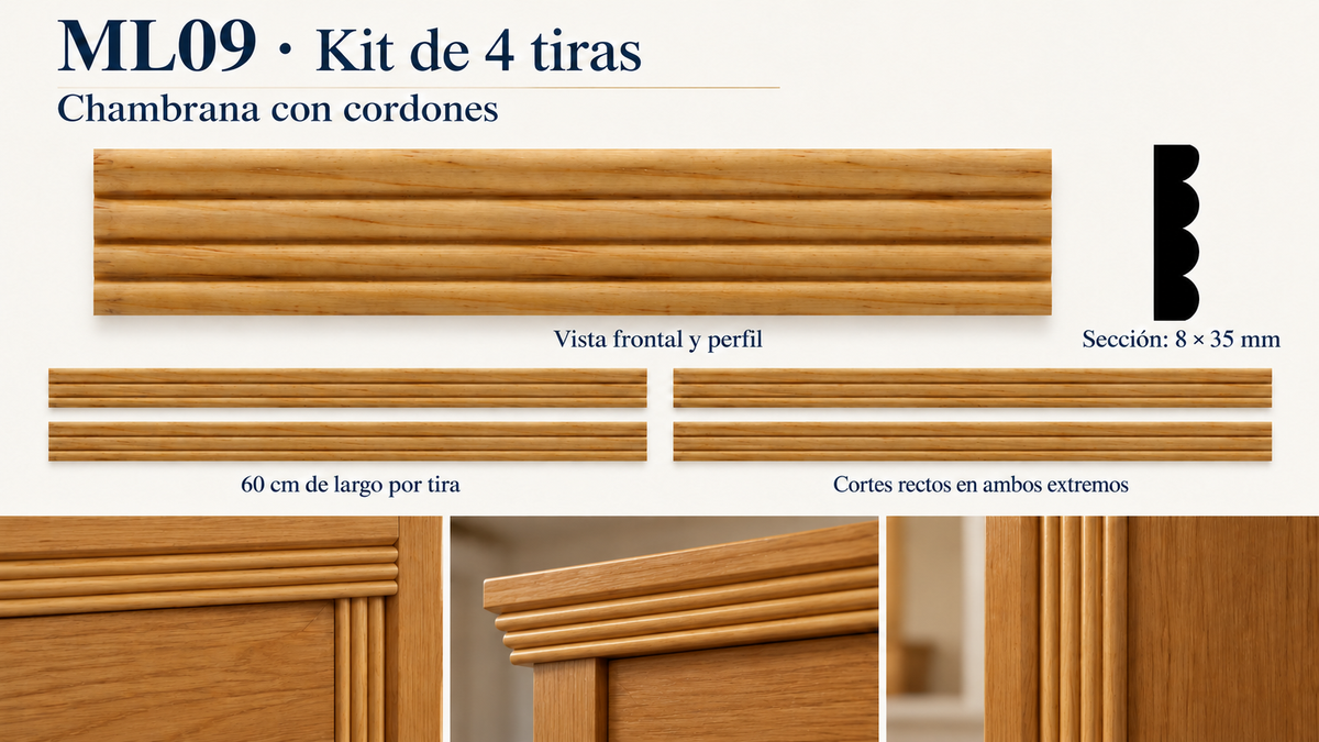 Moldura de madera lisa para mueble ML-09 – Kit de 4 Piezas TIPO CHAMBRANA CORDONES
