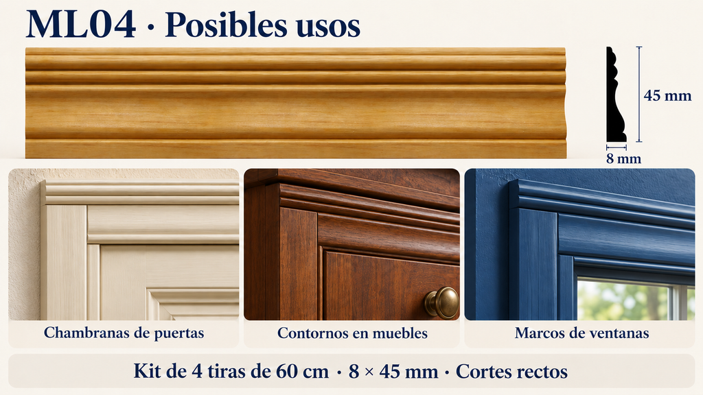Moldura de madera lisa para mueble ML-04 – Kit de 4 Piezas TIPO CHAMBRANA