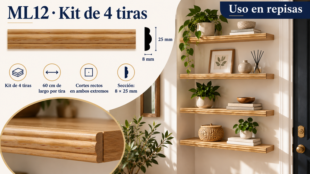 Moldura de madera lisa para mueble ML-12 – Kit de 4 Piezas