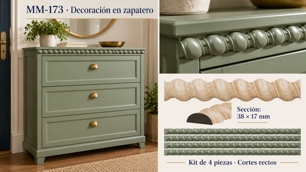 Kit 8 Molduras Media Caña Grabadas MM-173 de Madera | 55 cm c/u | Pino Natural