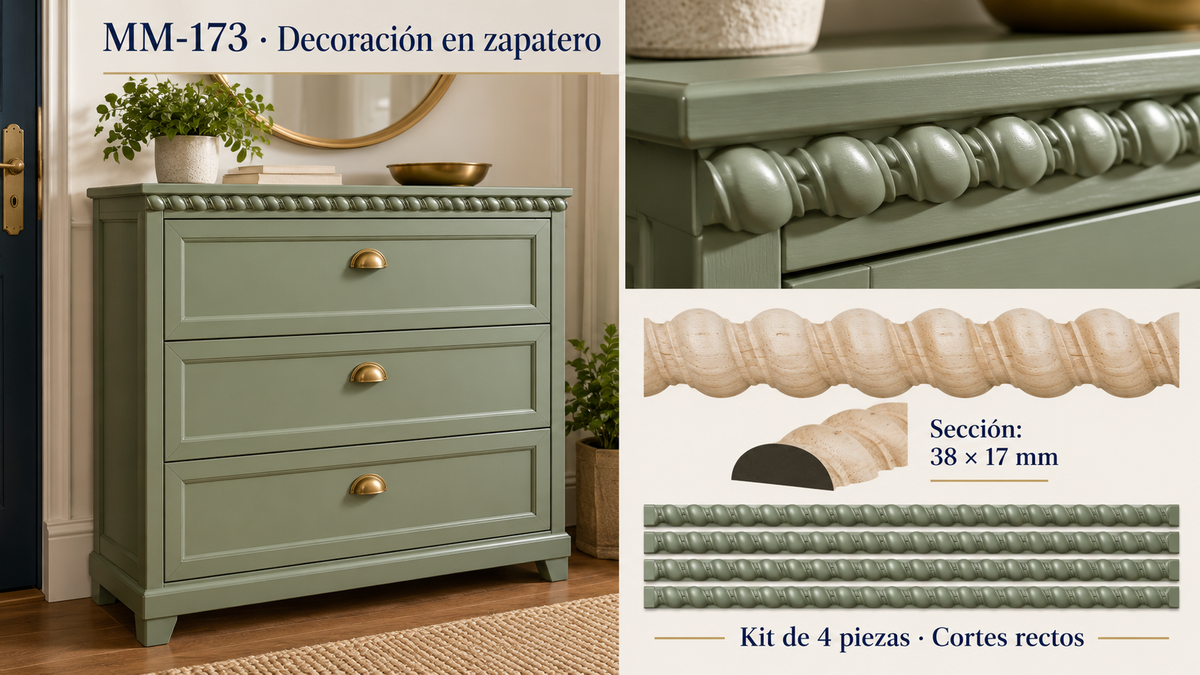Kit 8 Molduras Media Caña Grabadas MM-173 de Madera | 55 cm c/u | Pino Natural