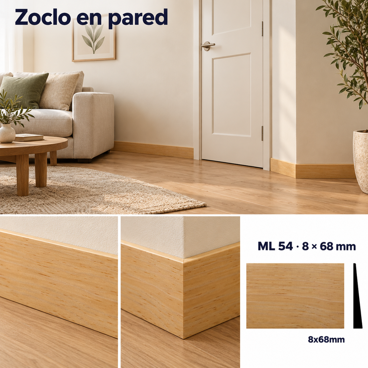 Moldura de madera lisa para mueble ML-54 – Kit de 4 Piezas ZOCLO