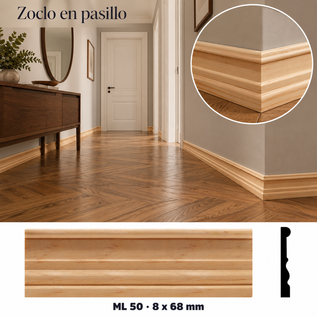 Moldura de madera lisa para mueble ML-50 – Kit de 4 Piezas ZOCLO